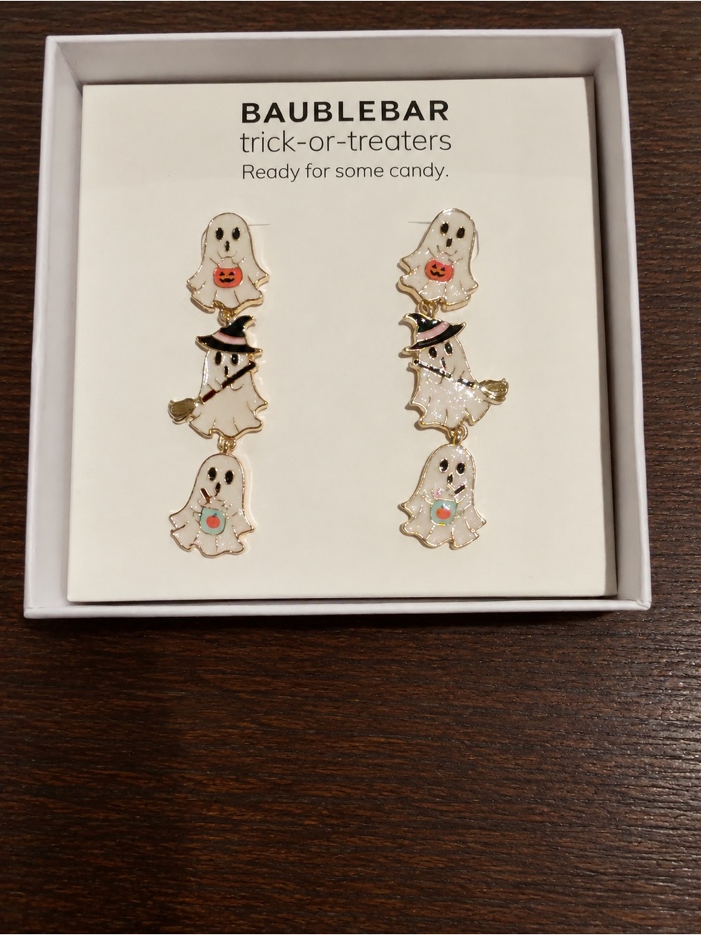BaubleBar Trick-or-Treaters Ghost Drop Earrings Halloween Gold Tone